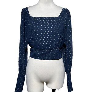 Mestiza New York Polka Dot Cropped Chiffon Puff Sleeve Size 4 Navy and Gold